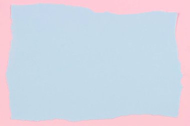 Grunge, açık mavi renkli kağıt sayfa yırttı. Pastel pembe kağıdın arka planında yırtık kenarlı. Üst görünüm