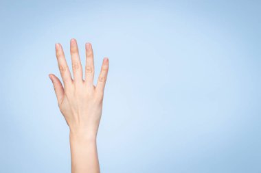 Kadın eli beş numarayı gösteriyor. Beş parmağını gösteren bir kadın eli, açık mavi arka planı işaret ediyor.