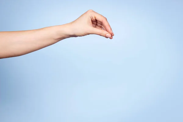 Handbewegung der Frau. Die weibliche Hand hält oder pflückt etwas Isoliertes auf hellblauem Hintergrund. Frontansicht — Stockfoto