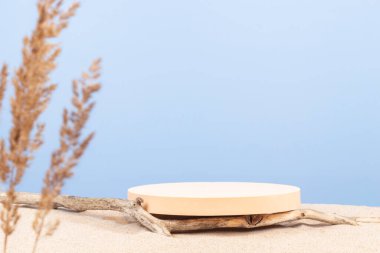 Yuvarlak bej platform podyumu, beyaz kumsalda kuru ağaç dalları ve ön planda kuru bükülmüş bitki. Kozmetik veya ürün sunumu için en az yaratıcı kompozisyon. Ön görünüm