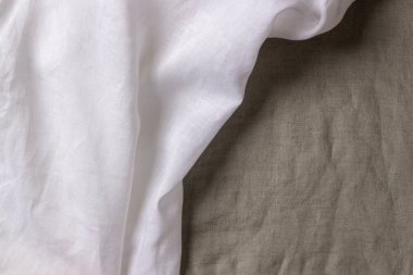 Soyut keten kumaş dokusu arka planı. Buruşmuş doğal keten organik eko tekstil tuval arka planı. Üst görünüm