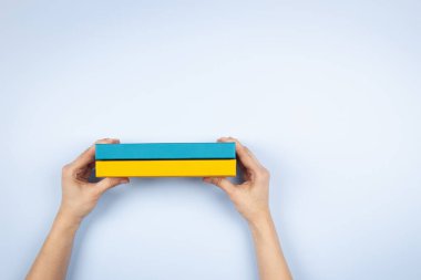 Açık mavi arkaplan üzerinde iki mavi ve sarı renkli kitabı tutan kadın elleri. Eğitim, kendi kendini öğrenme, kitap değişimi