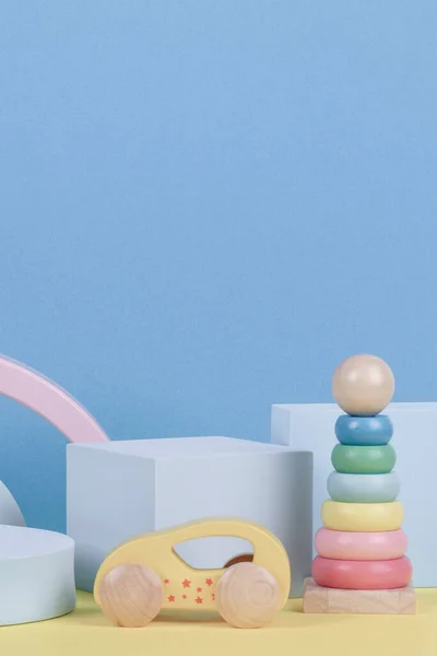 Composition Colorful Educational Baby Kid Toys Geometric Shapes Podium Platform — Stock Photo, Image