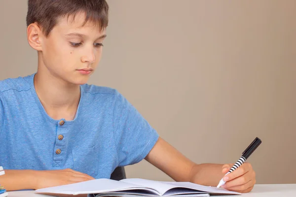 Niño Sosteniendo Pluma Mano Izquierda Escribiendo Cuaderno Haciendo Tarea Día — Foto de Stock