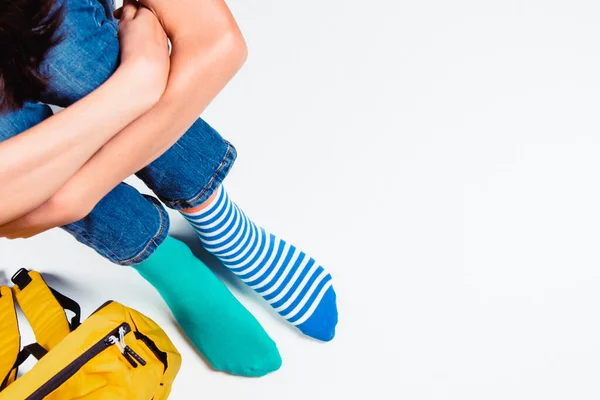 Kid Wearing Different Pair Socks Child Foots Mismatched Socks Sitting — Stock Photo, Image