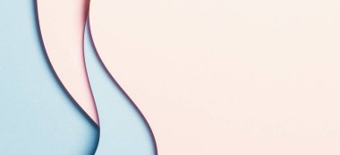 Soyut renkli kağıt dokusu arkaplanı. Geometrik şekilleri ve pastel pembe ve açık mavi renkli çizgileri olan minimum dikey bileşim. Üst görünüm, alanı kopyala