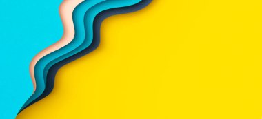 Abstract color papers geometry flat lay composition with blue, pink color lines and shapes on yellow background, Top view, copy space.