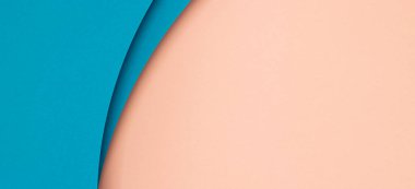 Soyut renkli kağıtlar geometri düz kompozisyon arka planı mavi renkli eğri çizgiler ve pastel pembe arkaplan şekilleriyle yatıyordu. Üst görünüm