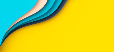 Abstract color papers geometry flat lay composition with blue, pink color lines and shapes on yellow background, Top view, copy space.