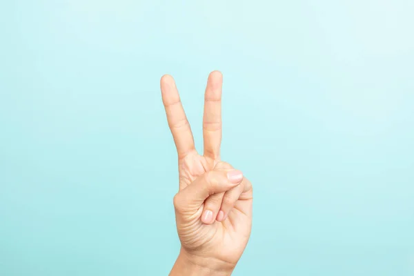 Hand gesture. Female hand shows number two. Hand gesturing victory, peace sign. Woman hand pointing up with fingers on light blue background.