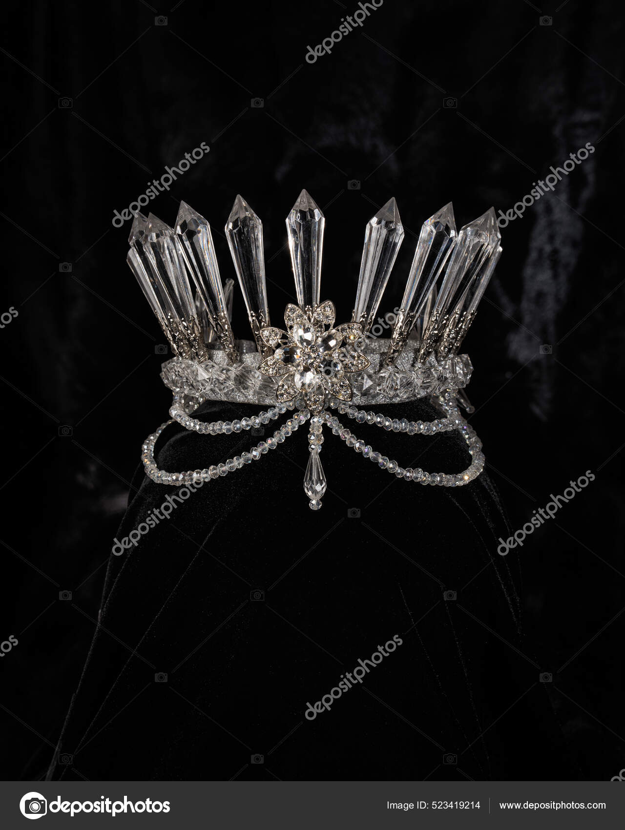 Beautiful Silver Crown Crystals Black Shiny Background Accessory Headdress Close Stock Photo by