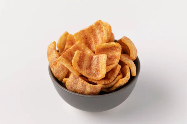 Bacon Snacks Ceramic Bowl Appetizer White Plate Close — Stock Photo, Image