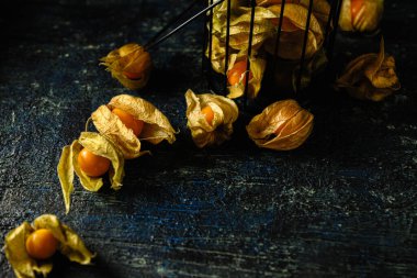 Physalis böğürtlenleri karanlık bir geçmişe saçılmış.