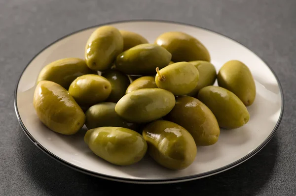 Green Pickled Olives Dark Gray Background Square Format Close — Stock Photo, Image