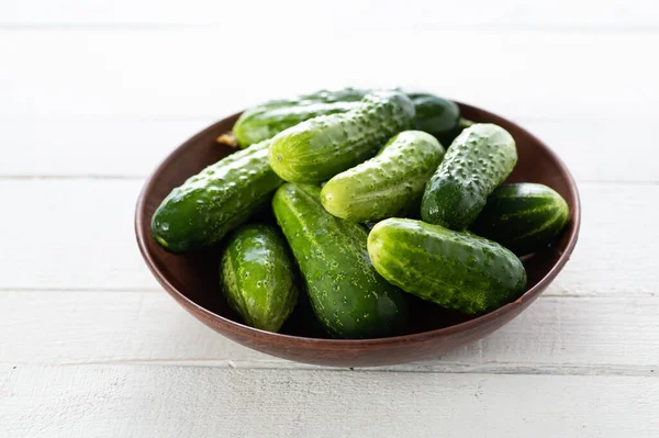 Fresh Cucumbers Bowl White Wooden Background — Stock Photo, Image