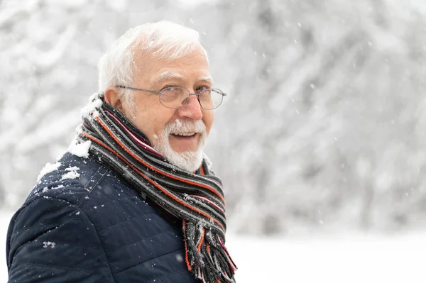 Carismatico Uomo Anziano Piedi Fuori Inverno Nevicando Guardando Fotocamera Sorridendo — Foto Stock