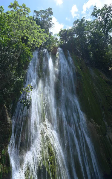 该瀑布的照片是在多米尼加共和国热带雨林拍摄的 清澈的大自然和美丽给人留下了深刻的印象 — 图库照片