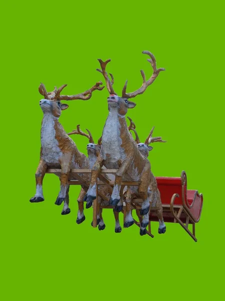 Cristmas Reindeer Red Sleigh Green Background New Year Celebrity Childrens — Stockfoto