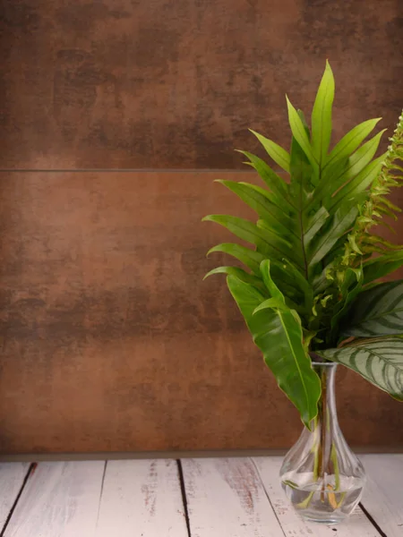 Foto Muestra Ramo Hojas Plantas Exóticas Fondo Composición Marrón Mesa — Foto de Stock