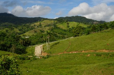 Fotoğraf dağ manzarasının manzarasını gösteriyor. Arka planda, uzaklıktan perspektife doğru giden bir yol görülebilir. Arka planda dağlar görünür..