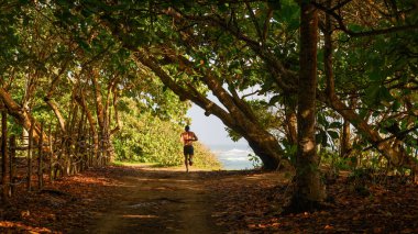 Fotoğraf orman ıslah bölgesindeki bir orman yolunu gösteriyor. Yumuşak kum kaplı doğal kaynaklı koşu bandı. Yeşil orman manzarası yürüyüş yolunun kahverengi kumuyla çelişiyor. Koşan adam..