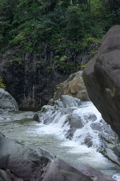 写真は山の川が流れる岩場の峡谷 川は巨大な石の塊を流れる カリブ海の島の野生動物を魅了するその信頼性で素晴らしいです 山川の絶景 — ストック写真