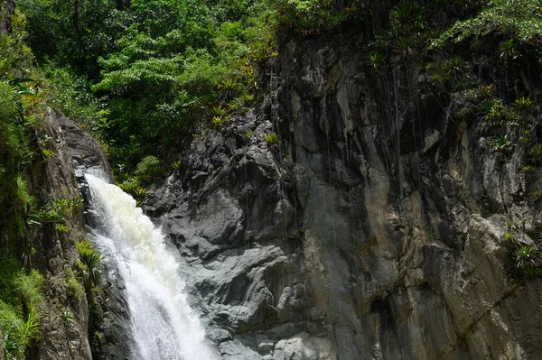 写真は巨大な滝を示しています 以下は 完全に澄んだ水の鏡です この地域には熱帯緑がたくさんあります この滝はドミニカ共和国で撮影されています — ストック写真