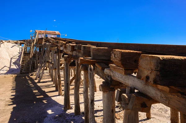 stock image Narrow gauge railway on lakes for salt mining in the south of the Dominican Republic. Wide angle, Copy space, High quality photo. Iron standard-gauge railway in salt farm.