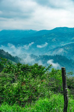 Fotoğraf yeşil yağmur ormanları olan dağları gösteriyor. Dağlar arasında sis ya da buhar görülebilir. Fotoğraf, Dominik Cumhuriyeti 'nde 2000 metre yükseklikte çekildi..