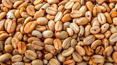 Fotoğrafta kavrulmuş kahve taneleri görülüyor. Kahve çekirdeklerinin dokuları doğrudan ve sert ışık altında fotoğraflandı. Makro mercekle yapılmış kahve çekirdekleri..