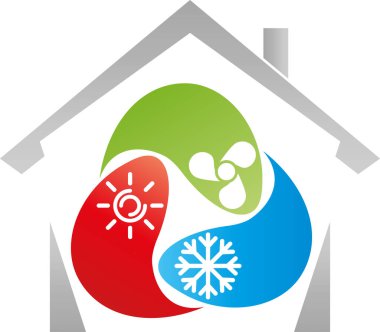 Güneşli üç damla, kar tanesi ve vantilatör, havalandırma logosu