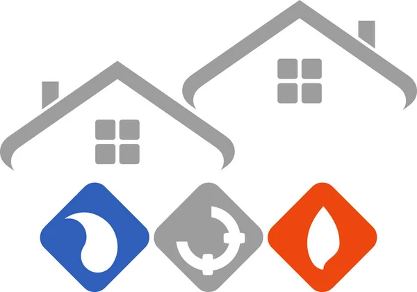 Zwei Häuser Und Feuer Rohre Wasser Klempner Reparateur Logo — Stockvektor