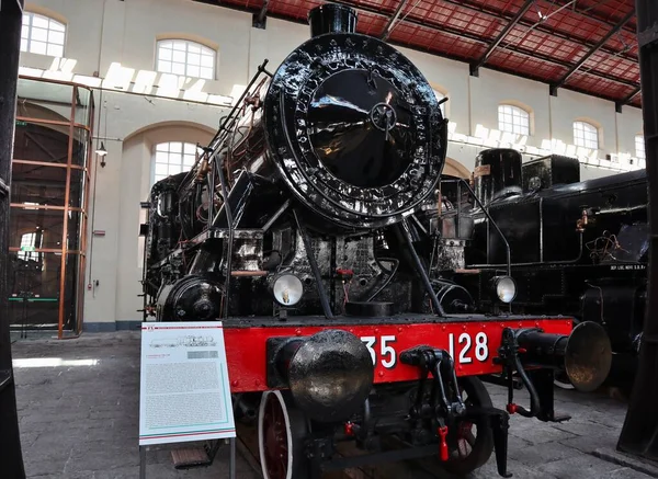 Portici Campania Itália Agosto 2021 Locomotivas Vapor Expostas Pavilhão Museu — Fotografia de Stock