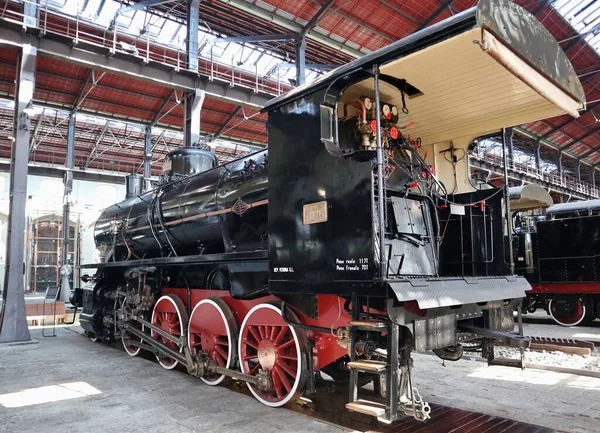 Portici Campania Itália Agosto 2021 Locomotivas Vapor Expostas Pavilhão Museu — Fotografia de Stock