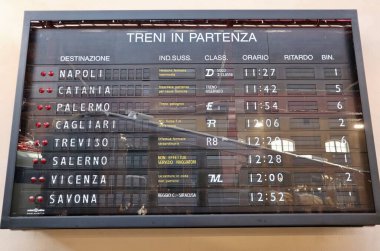 Portici, Campania, İtalya - 27 Ağustos 2021: Pietrarsa Ulusal Demiryolu Müzesi B Pavyonu 'nda Kalkış ve Geliş Kurulu