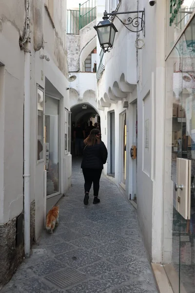 Capri, Campania, İtalya - 13 Mart 2022: Capri 'nin tarihi merkezindeki Longano sokağı