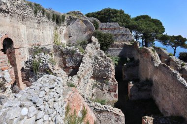 Capri, Campania, Italy - March 13, 2022: Roman ruins of Villa Jovis, one of the villas of Emperor Tiberius on the island of Capri