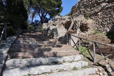 Capri, Campania, Italy - March 13, 2022: Roman ruins of Villa Jovis, one of the villas of Emperor Tiberius on the island of Capri