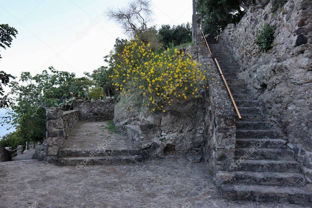 Ischia, Campania, Italy - May 12, 2022: Stairways at the Church of Santa Maria delle Grazie or dell'Ortodontico at the Aragonese Castle