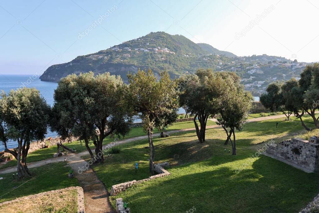 Ischia, Campania, Italy - May 12, 2022: View from the churchyard of the Church of the Madonna della Libera at the Aragonese Castle