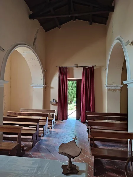 Ferrazzano, Molise, Italy - July 13, 2022: Interior of the fourteenth-century Church of Sant'Onofrio, a small cemetery church dating back to the fourteenth century