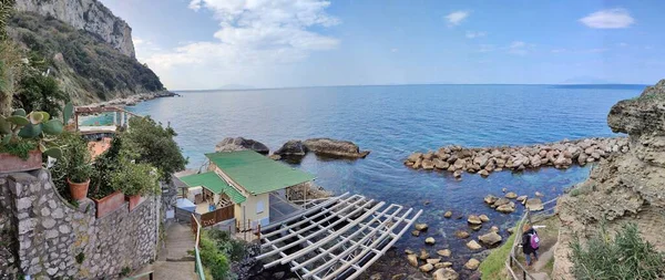 Capri, Campania, Italy - March 11, 2022: Panoramic photo of the Baths of Tiberius in via Palazzo a Mare