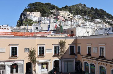 Capri, Campania, Italy - March 11, 2022: Town hall building overlooking Piazza Umberto I, commonly known as piazzetta