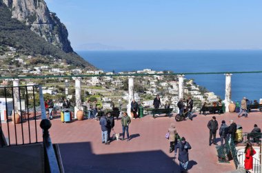 Capri, Campania, Italy - March 11, 2022: Tourists at the viewpoint of Piazza Diaz