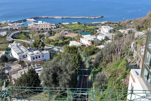 Capri, Campania, Italy - March 11, 2022: Glimpse of the funicular from the belvedere of the piazzetta