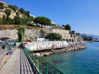 Vietri sul Mare, Campania, Italy - September 7, 2021: Foreshortening of Lido La Ciurma at the end of the promenade of Via Petrarca