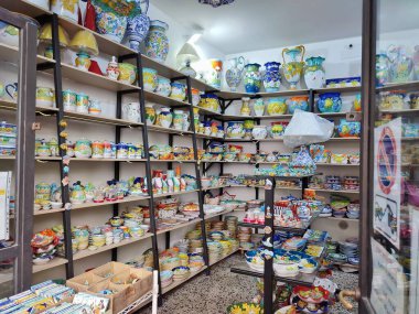 Vietri sul Mare, Campania, Italy - September 7, 2021: Interior of a Vietri ceramics shop in Corso Umberto I