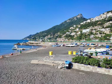 Vietri sul Mare, Campania, Italy - September 7, 2021: View of the village of Raito from the free beach of the promenade of Via Petrarca