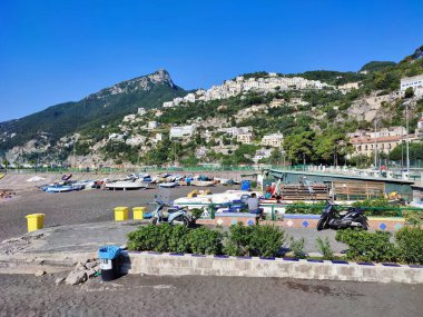 Vietri sul Mare, Campania, Italy - September 7, 2021: View of the village of Raito from the free beach of the promenade of Via Petrarca