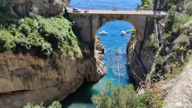 Furore, Campania, Italy - September 5, 2022: Overview of the Fiordo di Furore beach from the access path of Via Antonello da Capua